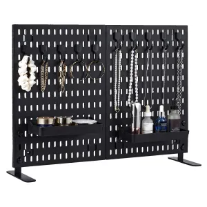 15.7x23.6 inch Tabletop Peg Board Display Stand with 10 Hooks & 2 Trays, Portable Plastic Pegboard for Vendor Office Home Dorm, Black,