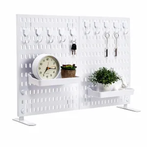 Tabletop Peg Board Display Stand with 10 Hooks & 2 Trays, Portable Plastic Pegboard for Vendor Office Home Dorm Apartment, White, 15.7x23.6 in