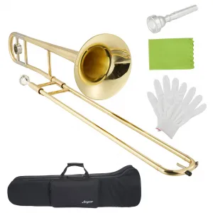 Alto Trombone Starter Kit for Beginners & Students – Bb Gold Lacquer Brass, Penetrating Sound, Accurate Tone, with Protective Case, Mouthpiece, Cleaning Cloth, Gloves – Gold Lacquer