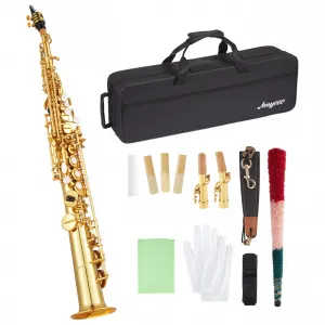 Straight Soprano Saxophone Complete Set - with Hard Case, Cork Grease, Cleaning Cloth, Shoulder & Leather Neck Strap, Brush, Gloves & Reed, Saxophone for School Band, Lessons & Practice