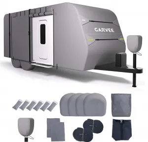 RV Cover 20-22FT, Camper Trailer Cover with Anti-UV, Waterproof, Windproof Straps, Includes Tire, Gutter, Tongue Jack Covers & Adhesive Repair Patches