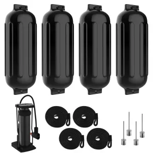 Boat Fenders 8.5 x 27 inches Pack of 4, Boat Bumpers for Docking with 4 Ropes, Inflatable Ribbed Marine Pontoon Boat Fender Bumper for Docks with 1 Storage Bag, 1 Air Pump and 4 Needles, Black