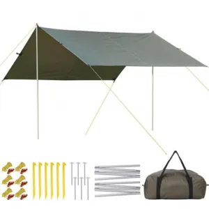 10x9ft Camping Tarp - Waterproof Hammock Rain Fly with 2 Aluminum Poles, Lightweight Backpack Tent Tarp for Travel, Green