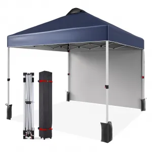 10'x10' Pop-Up Canopy Outdoor Commercial Tent with 1 Sidewall, 4 Stakes, Ropes, Weight Bags & Wheel Bag, Navy Blue