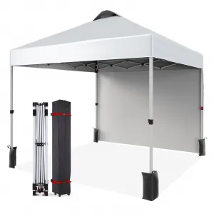 10'x10' Commercial Pop-Up Canopy Portable Outdoor Tent with 1 Sidewall, 4 Stakes, Ropes, Weight Bags & Wheel Bag, White