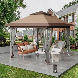 12'x12' Gazebo Outdoor Canopy Tent with Curtains Mosquito Netting 2-Tiered Vented Top for Patio Backyard Party Shelter Khaki