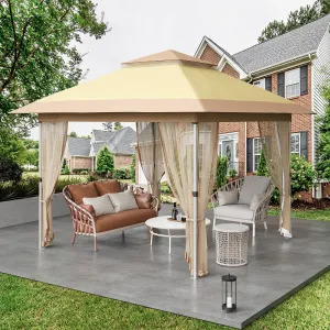11'x11' Gazebo Outdoor Canopy Tent with Curtains 144 Square Shelter Mosquito Netting 2-Tiered Vented Top for Patio Backyard Beige