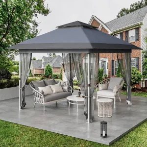 12'x12' Gazebo with Curtains 144 Square Shelter Mosquito Netting and 2-Tiered Vented Top for Patio Outdoor Events Grey