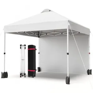 10'x10' Pop-Up Canopy Tent Portable Instant Commercial Tent with 1 Sidewall, Vented Top, Roller Bag, Sandbags, Ropes & Tent Stakes, White