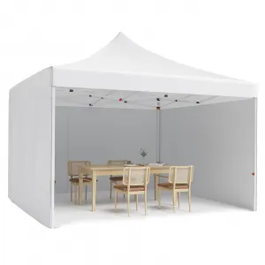 10'x10' Instant Pop-Up Canopy Tent - Waterproof, Windproof & UV-Proof Gazebo w/3 Sidewalls, Wheeled Bag & Pegs (White)