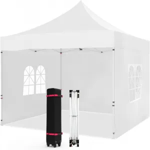 10x10 Pop Up Canopy Tent + Portable Shade + 3 Removable Sidewalls, Windows + 420D PU Oxford + Wheeled Bag, Stakes + Outdoor Events
