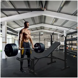 Olympic Adjustable Weight Bench Set + Bench Press with Squat Rack + Thickened Metal Tubes + Preacher Curl Pad + Soft Leather Cushion + Foldable Design + Home Gym Use