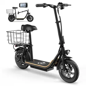 Electric Scooter for Adults, 12" Fat Tire Foldable Electric Bike with Seat and Basket, 500W Brushless Motor, Dual Brake System, 265lbs Max Load, 19 Mph 30 Miles Range, Smart LCD Display, Black