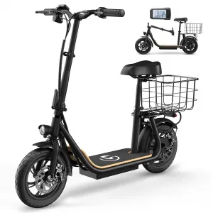 Electric Scooter with Seat, 36V Battery, 12" Tire, 450W Electric Scooter with Seat, Shock Absorbing Seat, Foldable Electric Scooters for Adults, Electric Scooter for Commuting with Basket