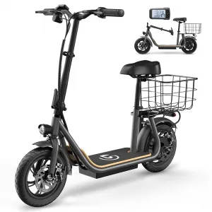 Electric Scooter for Adults, 12" Fat Tire Foldable Electric Bike with Seat and Basket, 450W Brushless Motor, Dual Brake System, 265lbs Max Load, 19 Mph 25 Miles Range, Smart LCD Display, Grey