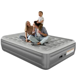 Queen Air Mattress with 2 Pumps, 18" Raised Inflatable Mattress, Comfort Blow Up Mattress, Waterproof, Foldable & Portable Air Bed for Home, Guests & Camping, Grey