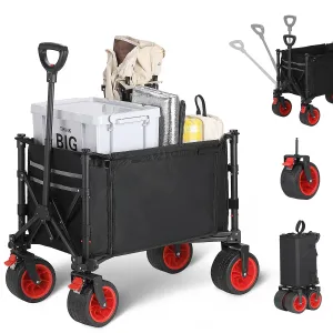 Folding Wagon - Heavy Duty Portable Garden Utility Cart with Side Pocket, Wheel Brakes & Large Capacity Foldable Grocery Wagon for Camping