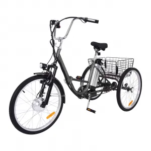 24 Inch Adult Electric Tricycle Folding 7-Speed Electric Tricycle with Basket, 36V Detachable Battery, 250W Brushless Motor Suitable for Men and Women, Dark Gray