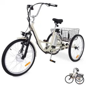 26 Inch Adult Electric Tricycle Folding 7-Speed Electric Tricycle with Basket, 36V Detachable Battery, 250W Brushless Motor Suitable for Men and Women, Beige