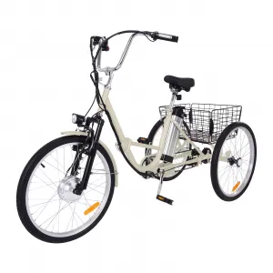24 Inch Adult Electric Tricycle Folding 7-Speed Electric Tricycle with Basket, 36V Detachable Battery, 250W Brushless Motor Suitable for Men and Women, Beige