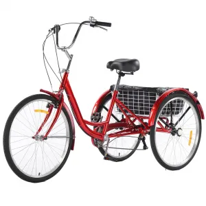 3 Wheel Bikes for Adults, 7 Speed Tricycles for Adults, 26 inch Adult Tricycles for Women Men Seniors with Dual Chain, Rear Basket and Bag, Adult Trikes for Shopping, Beach and City, Red