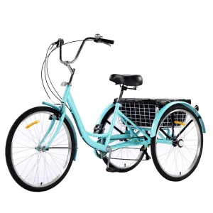 3 Wheel Bikes for Adults, 7 Speed Tricycles for Adults, 26 inch Adult Tricycles for Women Men Seniors with Dual Chain, Rear Basket and Bag, Adult Trikes for Shopping, Beach and City, Green