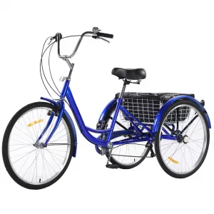 3 Wheel Bikes for Adults, 7 Speed Tricycles for Adults, 24 inch Adult Tricycles for Women Men Seniors with Dual Chain, Rear Basket and Bag, Adult Trikes for Shopping, Beach and City, Blue