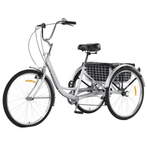 3 Wheel Bikes for Adults, 7 Speed Tricycles for Adults, 26 inch Adult Tricycles for Women Men Seniors with Dual Chain, Rear Basket and Bag, Adult Trikes for Shopping, Beach and City, Grey