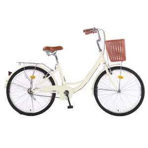 24 Inch Beach Cruiser Bike for Women, Womens Bike with Basket 1 Speed, Step Through Bikes, Commuter Bicycle Women Adult with Adjustable Seat Beige