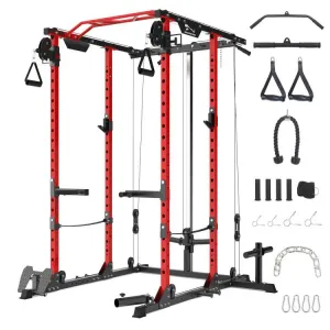 Power Cage With Cable Cross-Over System Multi-Functional Power Rack Lat Pull Down Strength Training Squat Rack Home Gym Black/Red