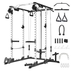 Power Cage with Cable Cross-Over System Multi-Functional Power Rack LAT Pull Down System Home Gym Black White 68x70x86"