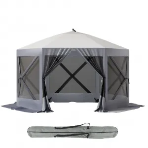 Pop-up Hexagon Gazebo, 12X12ft Outdoor Camping Tent, Screen shelter Tent, Portable Carry Bag，Fiber Poles, Guy Rope and Ground Pegs for Patio, Lawn, Backyard, for 8-10 person,White + Silver
