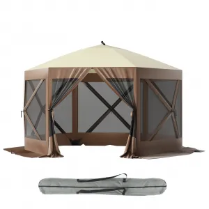 Pop-up Hexagon Gazebo, 12X12ft Outdoor Camping Tent, Screen shelter Tent, Portable Carry Bag，Fiber Poles, Guy Rope and Ground Pegs for Patio, Lawn, Backyard, for 8-10 person,Brown + Beige