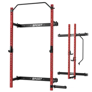 Folding Squat Rack, 1000LBS Capacity Wall Mounted Squat Rack, Foldable Squat Rack with Pull Up Bar, J Hook, Landmine for Home Gym