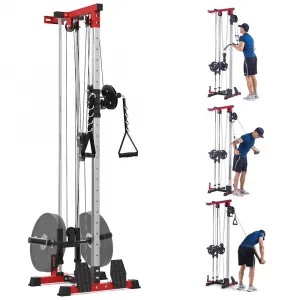 Wall Mount Cable Machine, LAT Pulldown Machine with Adjustable Pulley System for Home Gym, Cable Crossover Machine with 20 Positions, Weight Pulley System, Cable Towel, Red