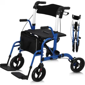 All-Terrain 2-in-1 Folding Walker & Transport Chair with Rest Seat, Adjustable Handlebars, Dual Brake System, Storage Bag for Seniors, Shopping, Outdoor Use, 300lbs Capacity, Blue