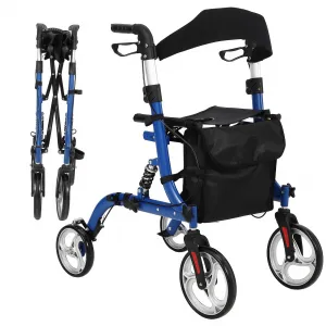 Rollator Walker for Seniors with Seat & Storage Bag, Shock Absorber, 10" & 8" All-Terrain Rubber Wheels, Lightweight Aluminum Foldable Walker with Backrest, Adjustable Height 34-40", Blue