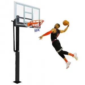 In Ground Basketball System with Anti-Impact Foam, Adjustable 8-10 ft, 55 in Tempered Glass Backboard, Outdoor Black