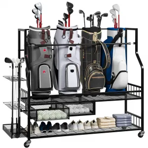 Golf Bag Storage Garage Organizer,Golf Bag Storage Rack w/Drawer for Golfing Bags, Clubs, Balls, Gadgets, Accessories & Equipment,Golf Bag Stand w/Wheels for Home, Golf Course
