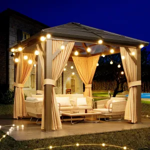 10'x12' Hardtop Gazebo Outdoor Polycarbonate Roof Aluminum Frame with Curtains & Netting Brown Patio Pavilion for Garden