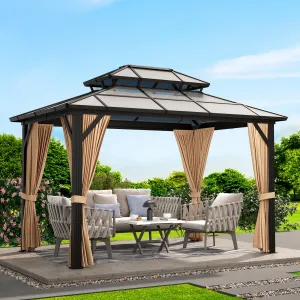 Permanent Hardtop Gazebo Outdoor Pavilion – Double-Layer Galvanized Steel/Polycarbonate Roof, Sturdy Aluminum Frame, Curtains & Netting, Sunshade Shelter for Patio, Garden, Backyard, Lawn (10X13FT Khaki)