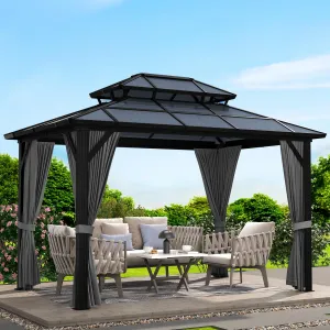 Hardtop Gazebo 10'x12' Polycarbonate Double Roof, Aluminum Frame, Privacy Curtains, Mesh Netting, All-Season Patio & Garden Pavilion