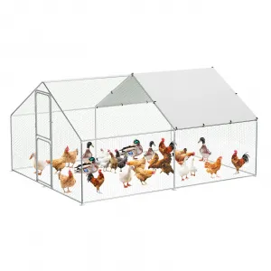 Heavy-Duty Walk-In Metal Chicken Coop for Backyard Poultry – Dual Lockable Doors, Galvanized Steel Frame, Waterproof UV-Resistant Cover, Spire Roof Hen House, 9.8' W x 13.1' D x 6.6' H