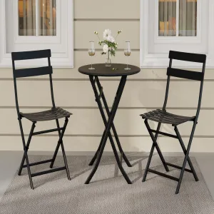 3-Piece Folding Patio Bistro Set - Round Table & 2 Chairs, Weather-Resistant, Space-Saving, Premium Frame Outdoor Furniture, Black