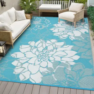 Large Outdoor Rug 9x18 Waterproof Reversible Floral Design Plastic Straw Foldable UV Resistant with Stakes for Patio Deck