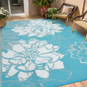 Outdoor Rug 9x12 Reversible Modern Floral Waterproof Washable Polypropylene Slip-Resistant Stakes Patio Deck Camping Mat Blue