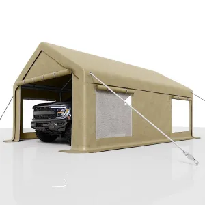 13' X 20' Heavy Duty Carport with 8 Reinforced Leg Poles & 14 mil PE Canopy, 4 Roll-Up Doors for Pickup Truck & Boat, Yellow