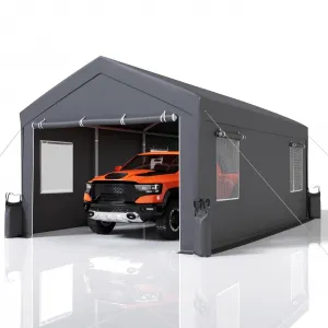 13'x20' Portable Garage – 200 GSM Waterproof Canopy, 4 Roll-Up Doors & Windows for Pickup Truck, Boat, Silver Gray
