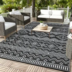 Black & White Geometric Outdoor Rug - Waterproof, UV Resistant Patio Mat, Easy Clean, Lightweight, Durable, Non-Shedding, 10x14ft