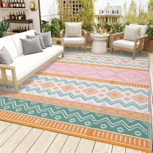 Reversible Outdoor Plastic Woven Rug - Waterproof, UV Resistant Patio Carpet, Easy Clean, Modern Geometric, Lightweight, 9x18ft, Four Colors: Yellow/Rose Red/Green/White